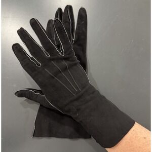 Vintage Black Suede Leather Gauntlet Length Gloves Contrast Topstitch Tuxedo 7D
